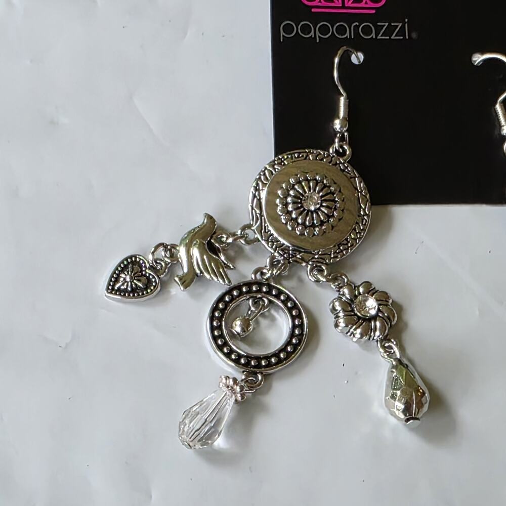 Paparazzi Silver Dangle Earrings Charm Drop Bird Heart Crystal Boho Statement